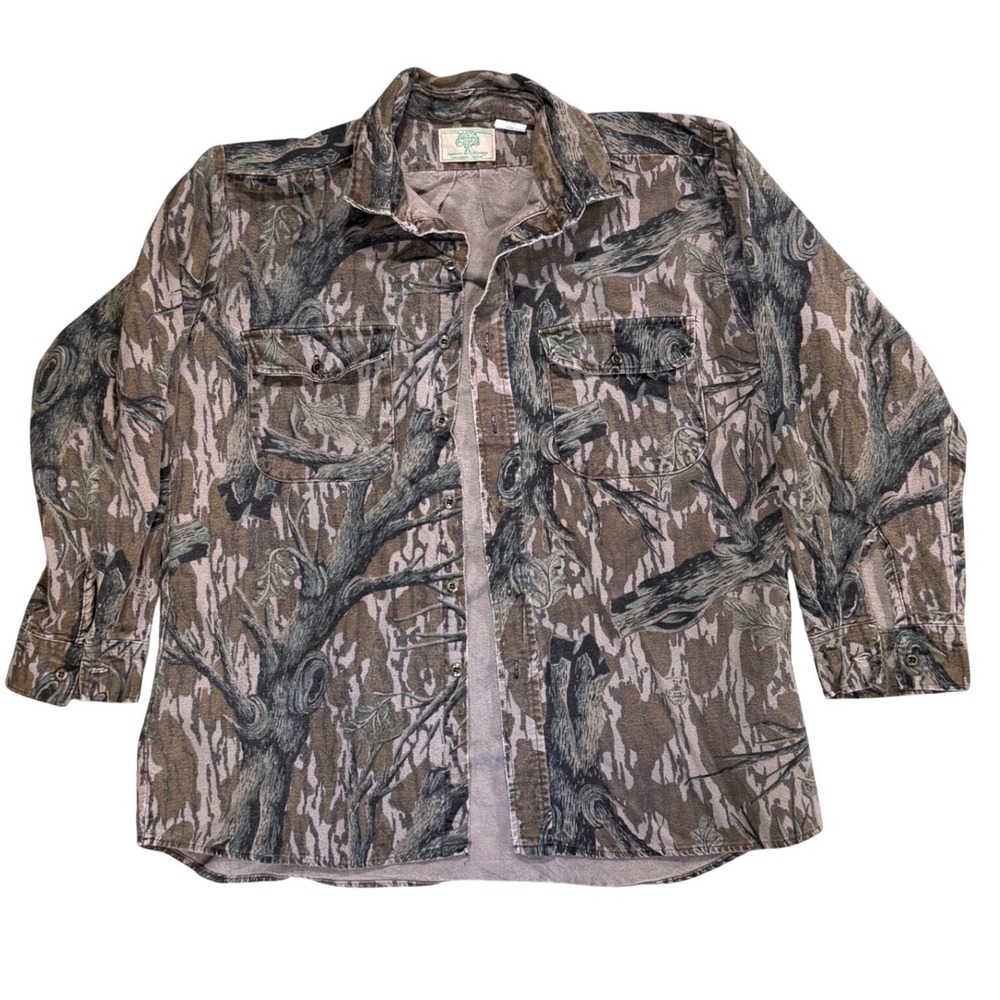 Vintage 80s Mossy Oak Treestand Shirt Mens Lg Camo Heavy Duty Button Up USA Made